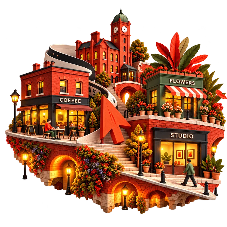 A miniature business neighbourhood with COFFEE, FLOWERS and STUDIO shops, a Manchester clocktower, street lamps and an orange cursor.