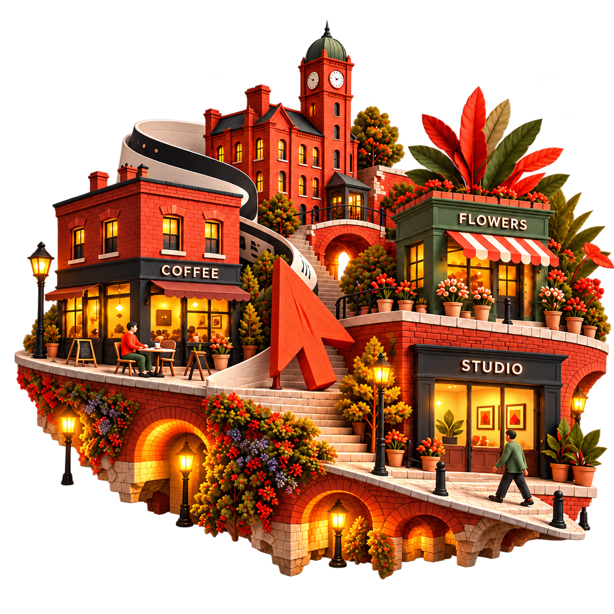 A miniature business neighbourhood with COFFEE, FLOWERS and STUDIO shops, a Manchester clocktower, street lamps and an orange cursor.
