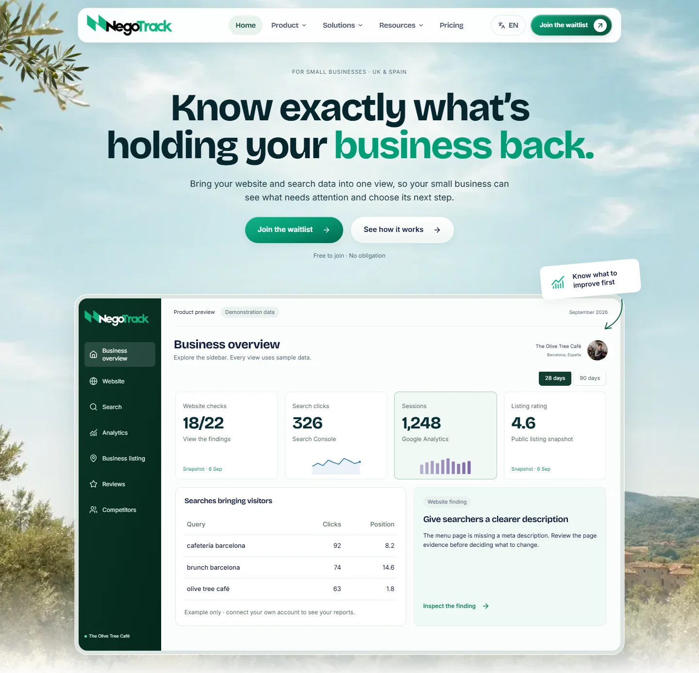 NegoTrack homepage with its green identity, landscape background, olive foliage and dashboard preview