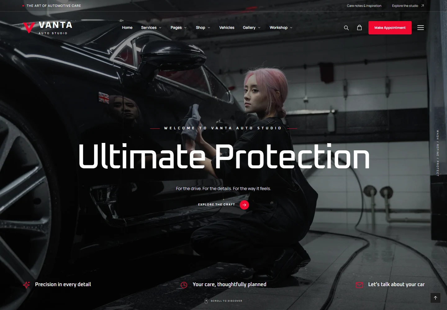 Vanta Auto Studio homepage with automotive photography, custom branding and service navigation